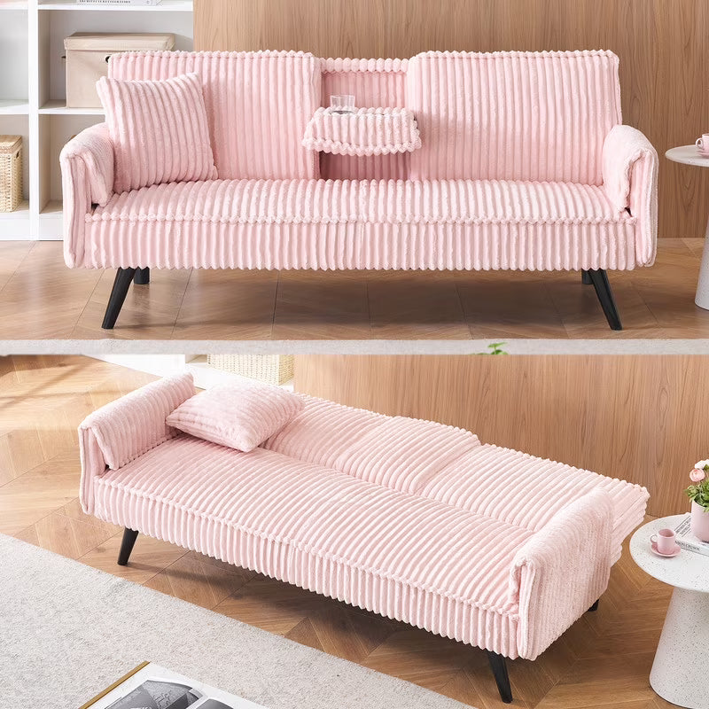 FFH Modern Corduroy Futon Sofa Bed with Adjustable Backrest,Convertible Loveseat Sleeper,Soft Couch with Drop-Down Table and Cup Holder for Living room,Pink