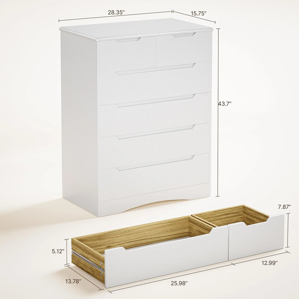 Dresser for Bedroom, Lofka 6 Drawer Dresser, Chest of Drawers Tall White Dresser with Anti-Tripping, Cutout Handles