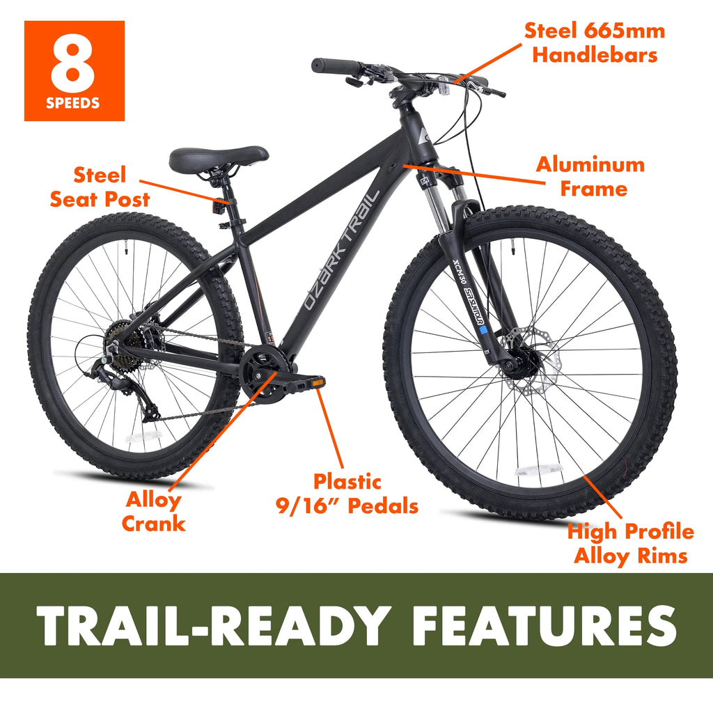 Ozark Trail 27.5" Vibe Mountain Bicycle, Small Frame, Fits Riders 5'0" - 5'6", Black, Adult, Unisex