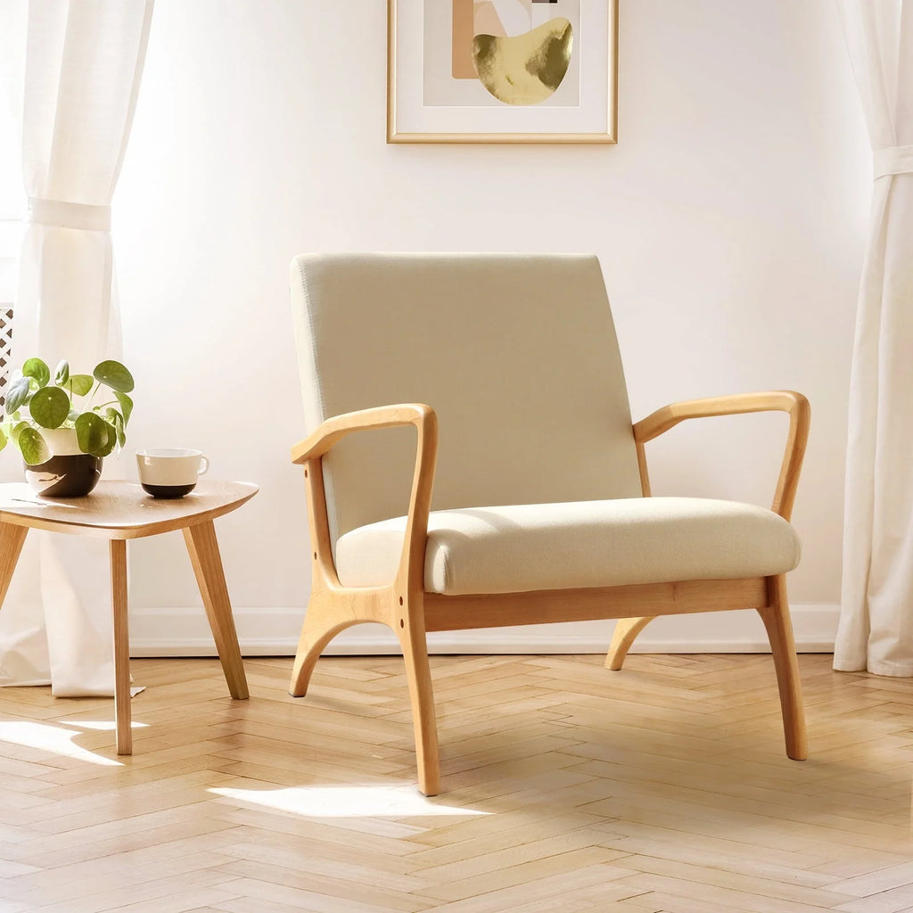 July's Song Mid-Century Modern Accent Chair,Living Room Linen Read Arm Chairs with Cushion,Wood Frame Armchair for Bedroom,Beige