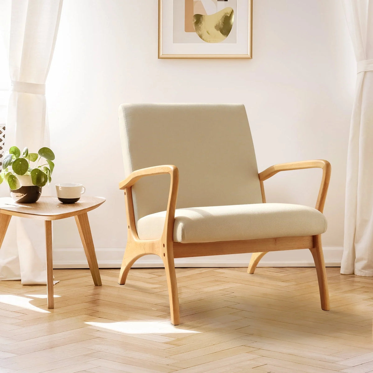 July's Song Mid-Century Modern Accent Chair,Living Room Linen Read Arm Chairs with Cushion,Wood Frame Armchair for Bedroom,Beige