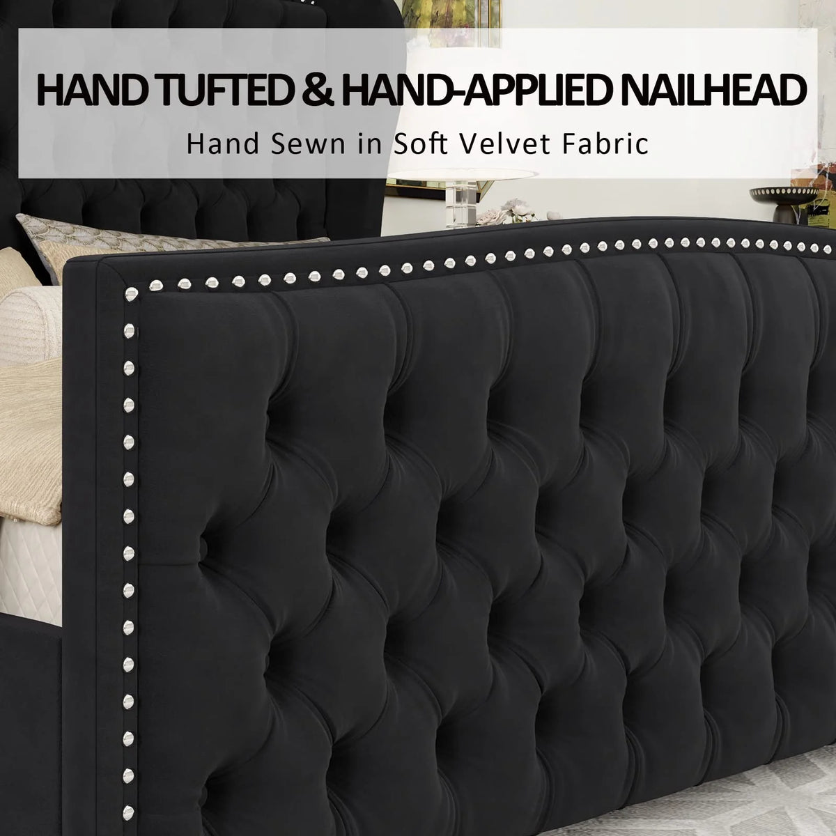 VANACC Queen Size Bed Frame, Velvet Upholstered Bed with Deep Button Tufted Wingback Headboard Grey