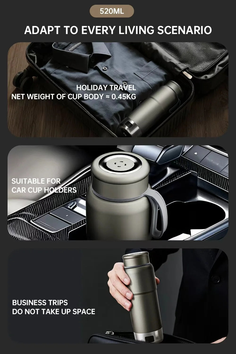 520ml Pure Titanium Portable Electric Kettle Travel Kettle Dual Voltage 100V-240V with Temperature Control, Lightweight, Leak-Proof, Fast Boil Mini Kettle for Travel, Office, Hotel, Camping