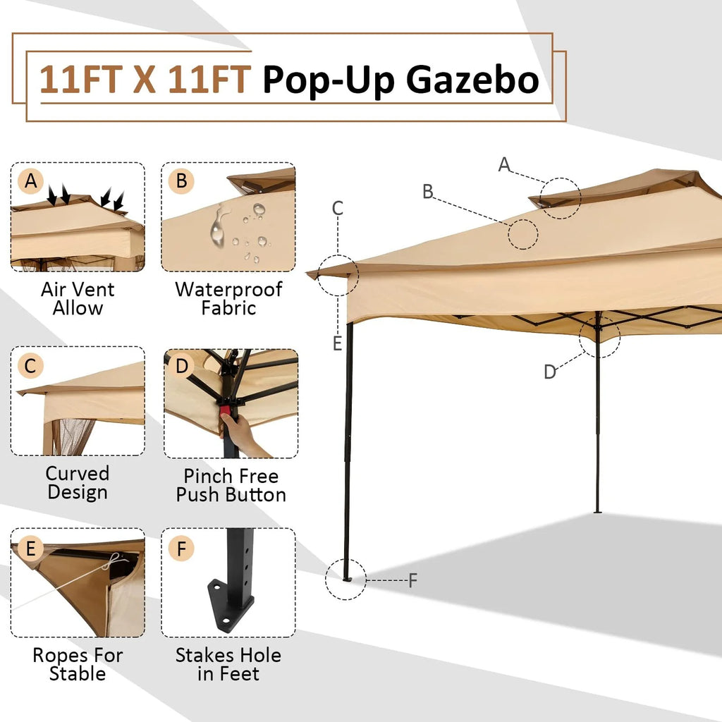 HOTEEL 12x12 Outdoor Pop-up Gazebo Canopy with Mosquito Netting 2-Tiered Vented Top 3 Adjustable Height for Backyard, Garden, Lawn,Light Grey
