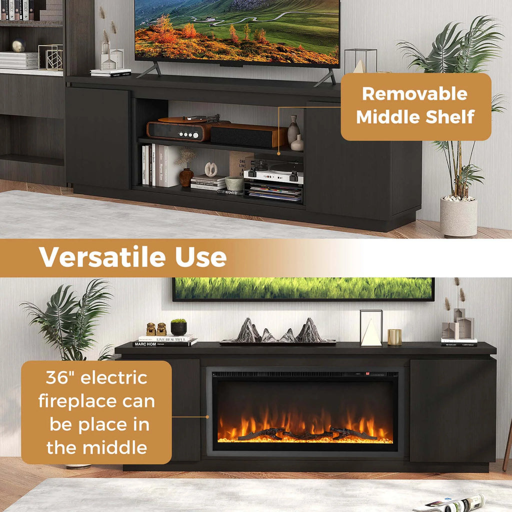Costway Fireplace TV Stand for TVs up to 80" with Electric Fireplace 3 Adjustable Shelves Black