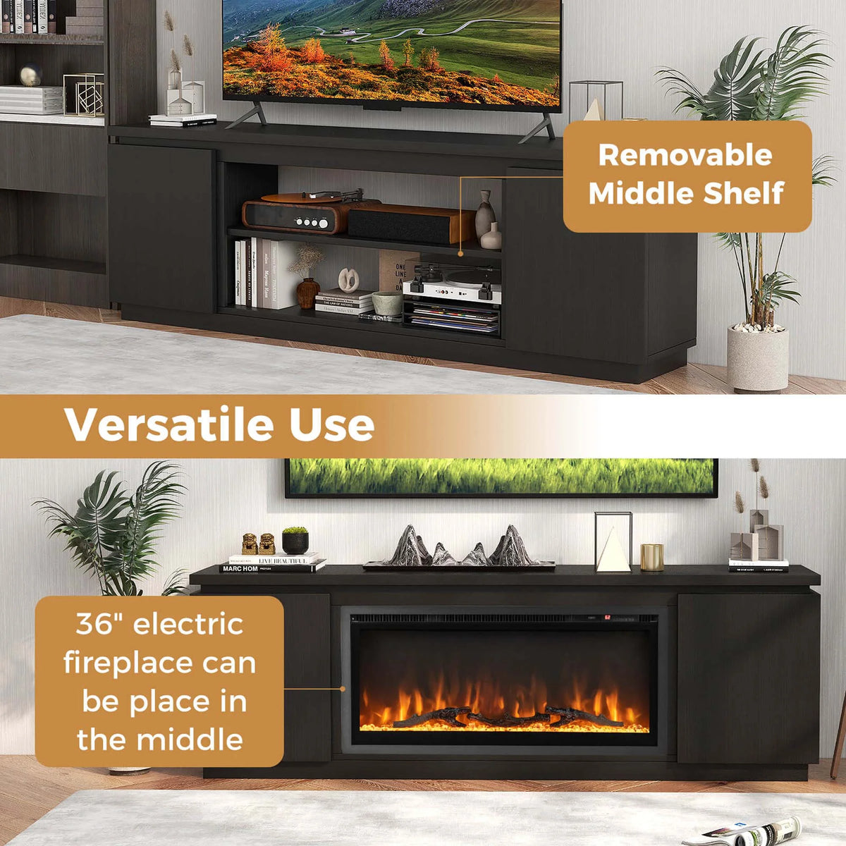 Costway Fireplace TV Stand for TVs up to 80" with Electric Fireplace 3 Adjustable Shelves Black