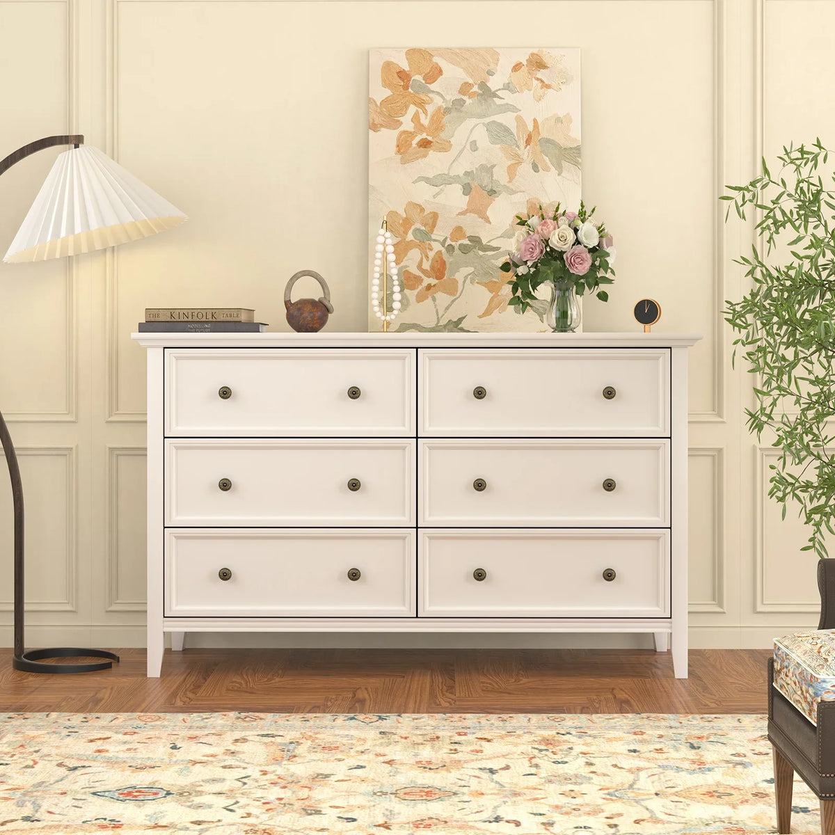 IKENO 6 Drawers White Dresser, Modern Solid Wood Chest of Drawers, White Dresser for Bedroom Room