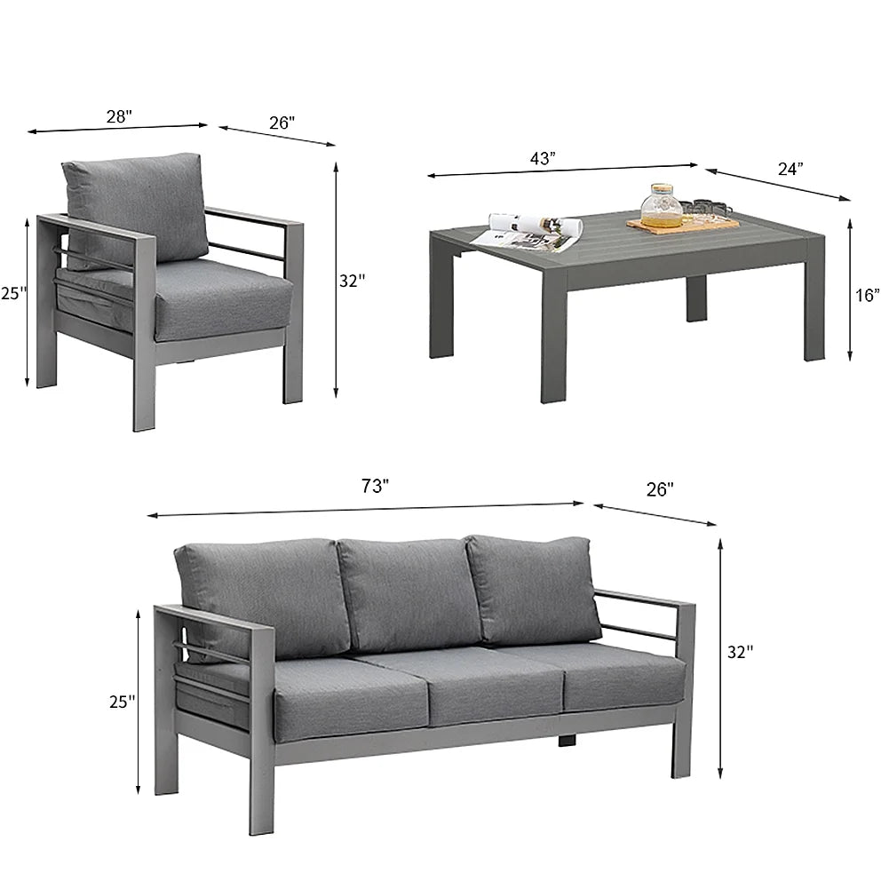 CozyHom 5 Pcs Outdoor Patio Aluminum Furniture Sofa Sets, Outside Patio Conversation Couch Sets With Table&Cushions for Garden Porch, Gray