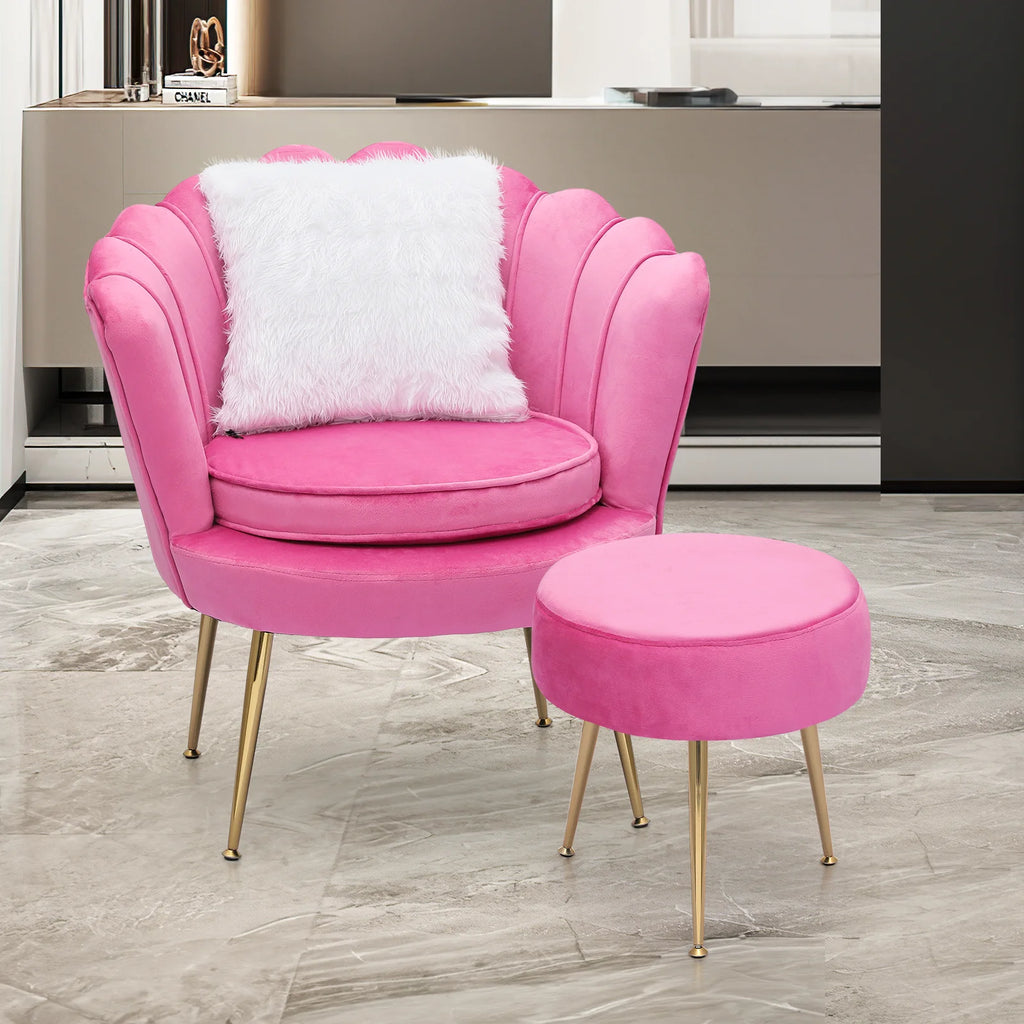 MoNiBloom Set of 2 Velvet Tufted Accent Chair with Pillow and Stool, Upholstered Modern Single Sofa Side Chair with Padded Seat and Golden Metal Legs, Living Room Armchair, Black
