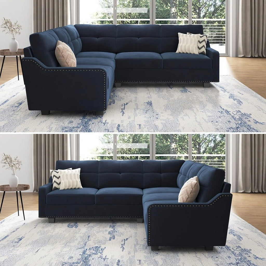 HONBAY Rivet Corner Sofa L-Shaped Sofa Couch Reversible 4-Seater Couch for Living Room and Apartment, Dark Blue