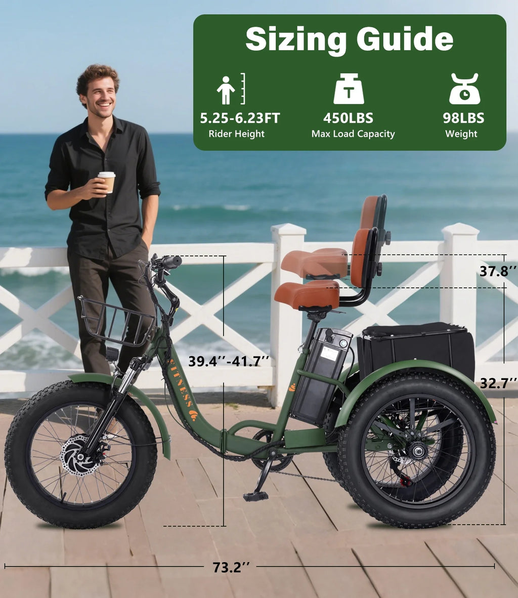 YEBEI Electric Tricycle for Adults Folding E-Trike Motorized Tricycle Electric 3 Wheels Trike Powerful 500W Motor Electric Tricycle 48V15AH Lithium Battery Max 20MPH 20*4.0 Fat Tire Orange