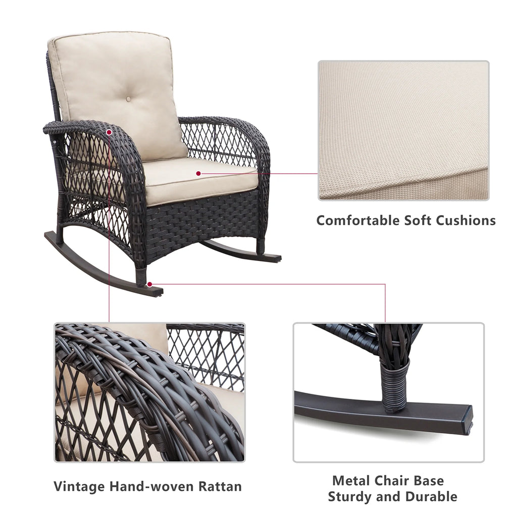 JP Outdoor 3Pcs Outdoor Wicker Rocking Porch Chairs with Coffee Table,Kahki