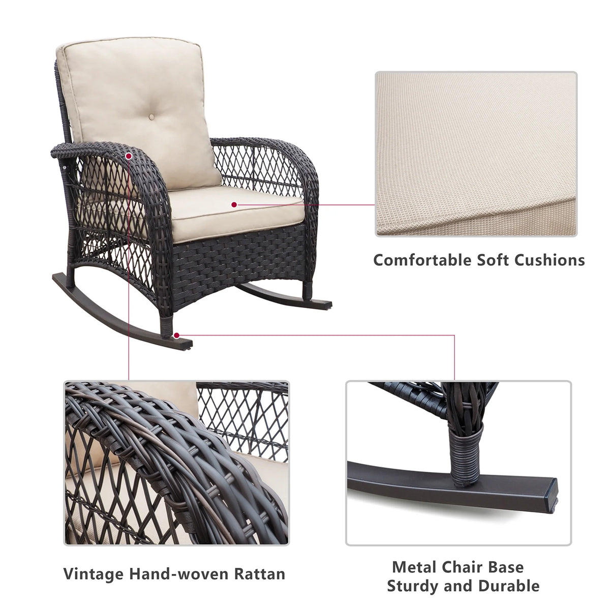 JP Outdoor 3Pcs Outdoor Wicker Rocking Porch Chairs with Coffee Table,Kahki