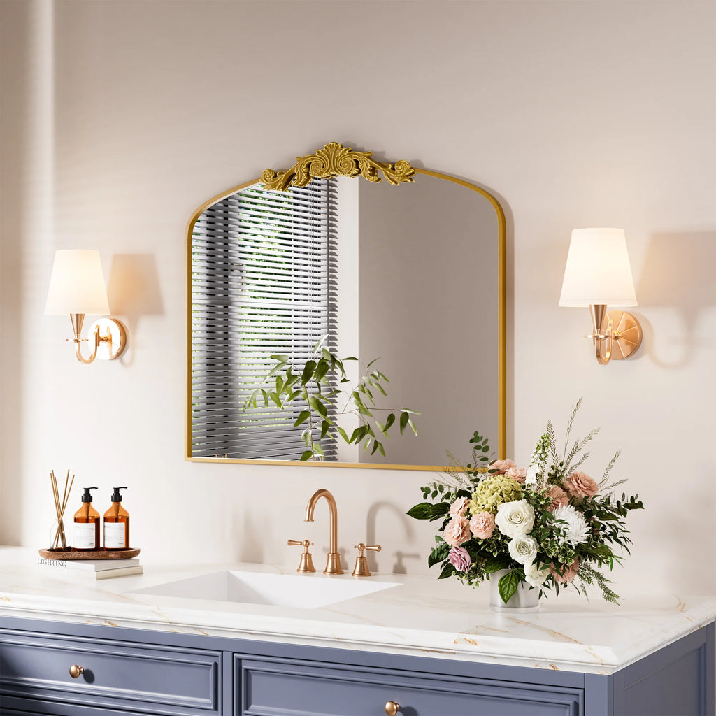 Swafrrt 28x20 inch Gold Arch Mirror, Vintage Lace Wall Mirror, Aluminum Frame, Baroque Gold Lace Bathroom Mirror, Suitable for Wall, Tempered Glass, Can Hung Vertically or Tilted