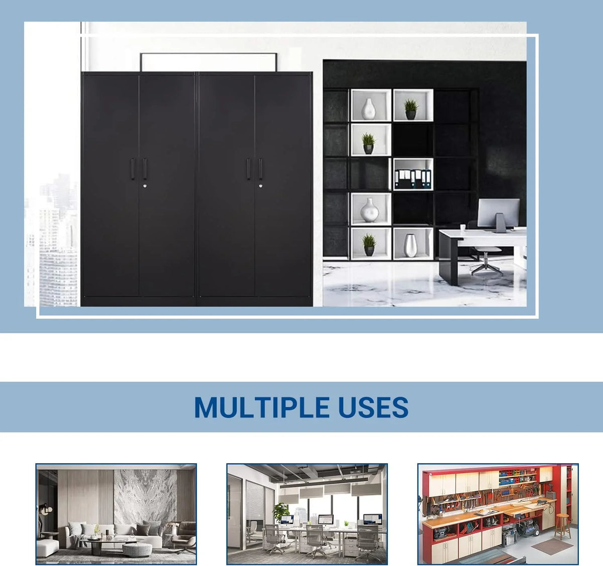 STANI Metal Locker Storage Cabinet, Employees Locker with Hanging Rod Bar, 71 Black Tall Steel Wardrobe for Home, School, Office (Assembly Required)