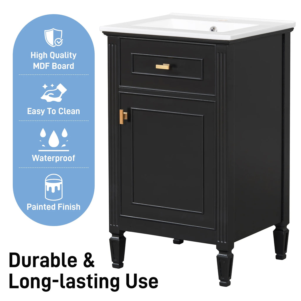 Euroco 20" Bathroom Vanity with Integrated Ceramic Sink, Soft-Close Hinges and Drawer Storage, Solid Wood Legs