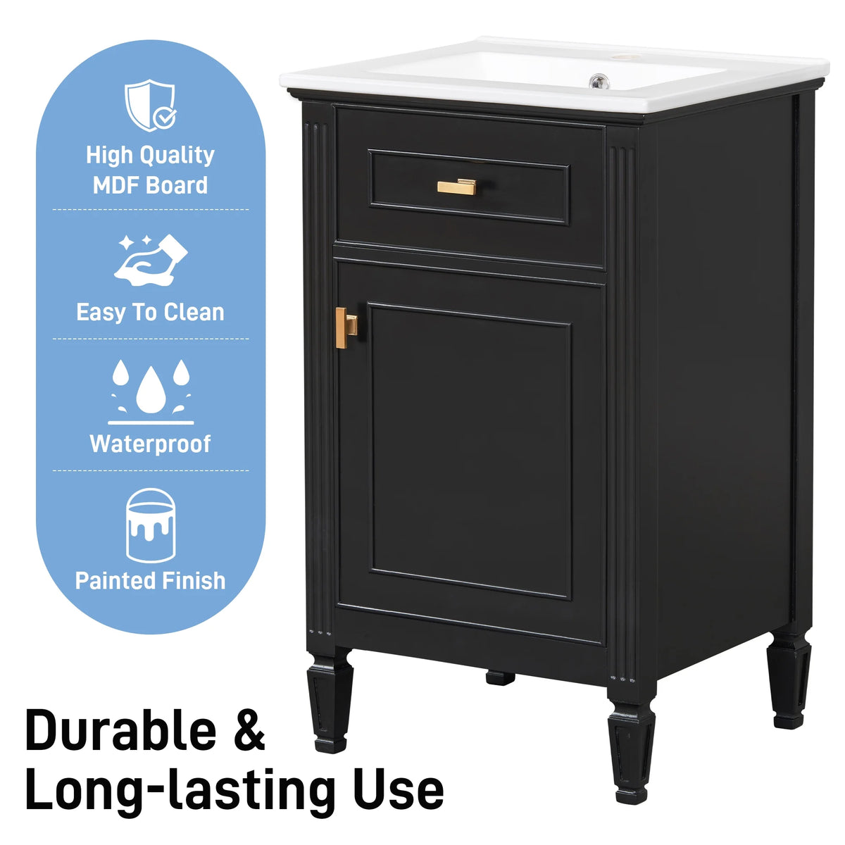 Euroco 20" Bathroom Vanity with Integrated Ceramic Sink, Soft-Close Hinges and Drawer Storage, Solid Wood Legs