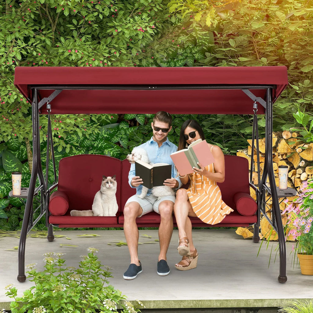 Homrest 3 Seat Outdoor Porch Swing with Adjustable Canopy, Cushions, and Cup Holder - Wine Red