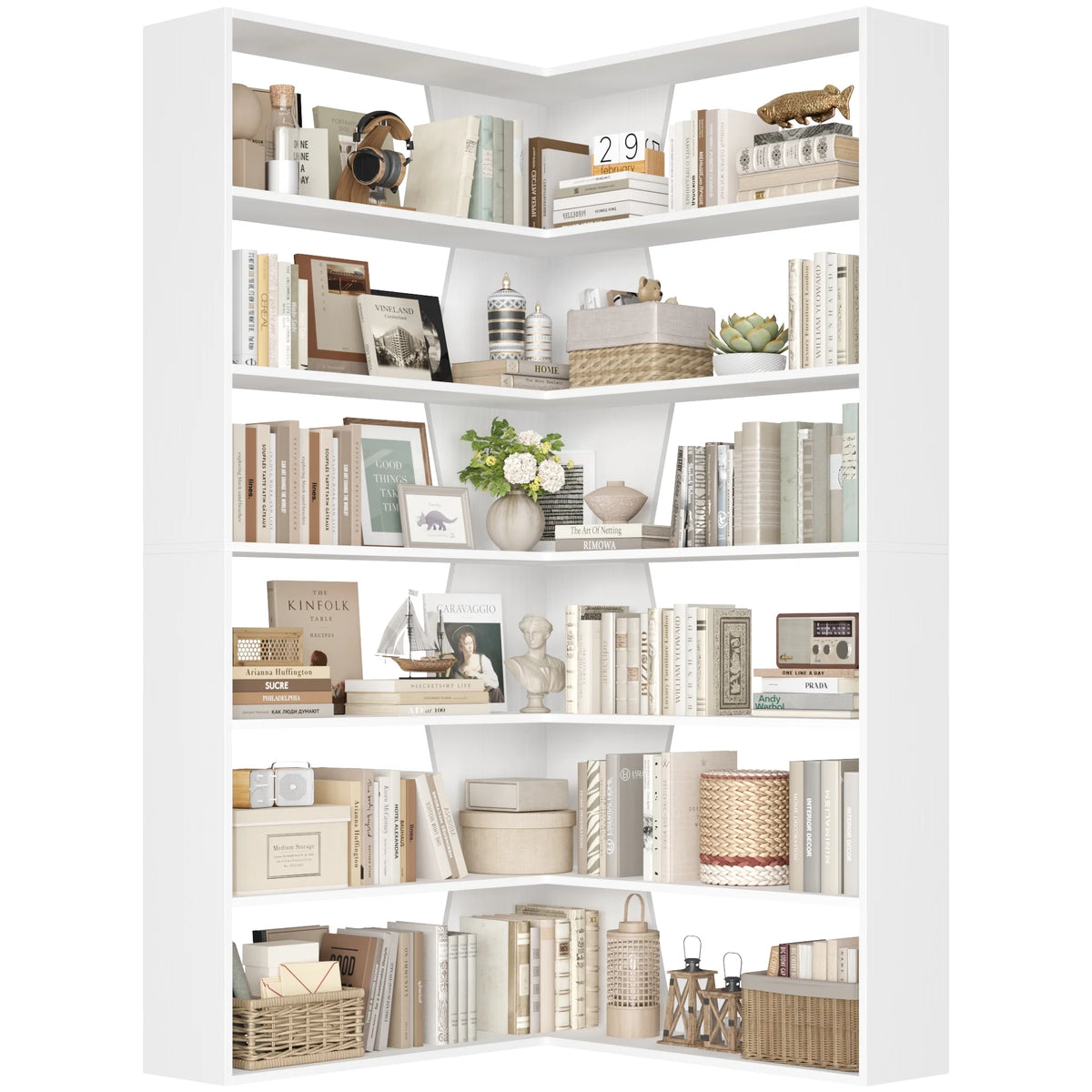 Homfa 6-Tier Corner Bookcase, L-Shaped Bookshelf with Baffle, Storage Display Rack for Office Living Room, Gray