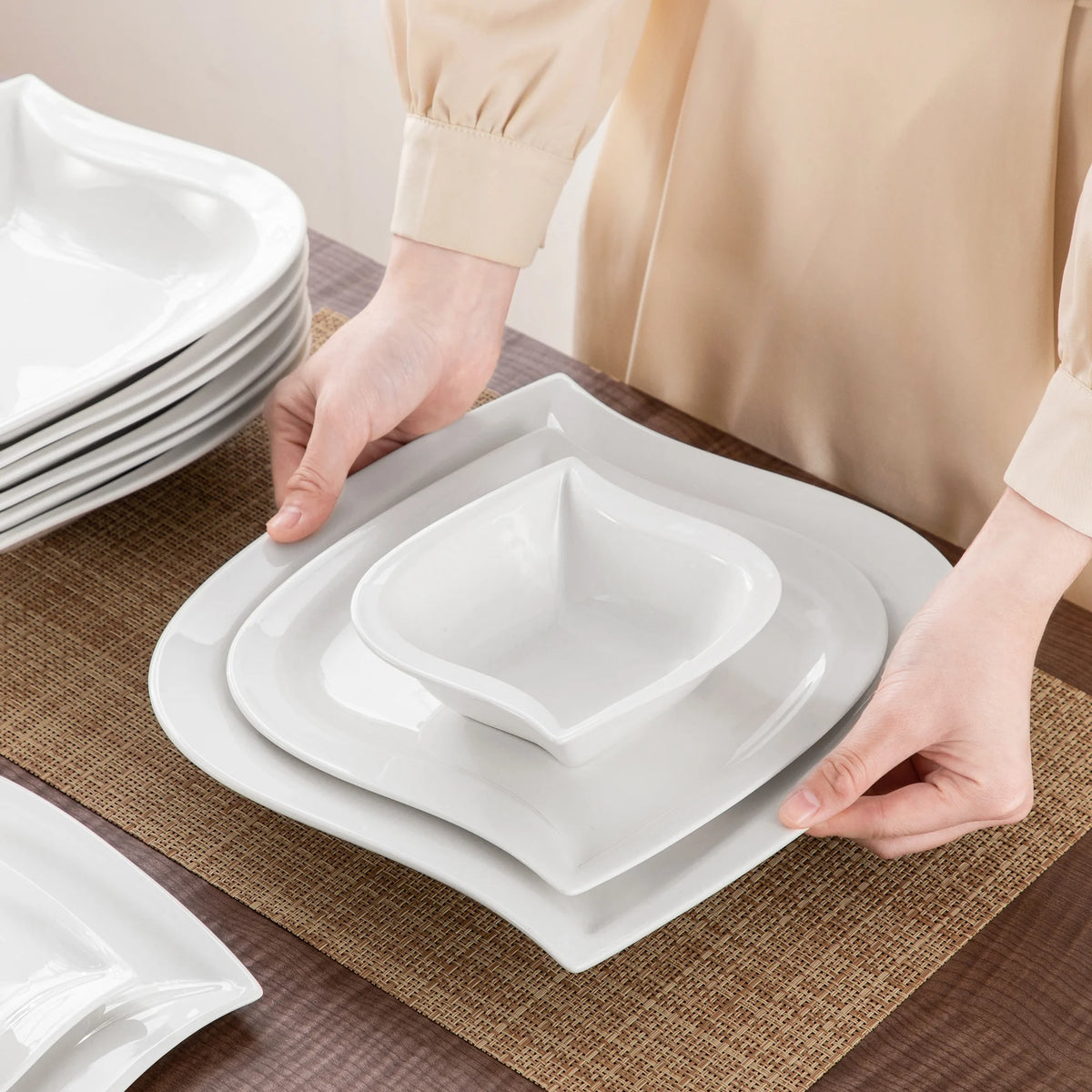vancasso 36 pcs Dinnerware Sets, Plates and Bowls Set for 6, Porcelain Dinner Set, Marble Gray