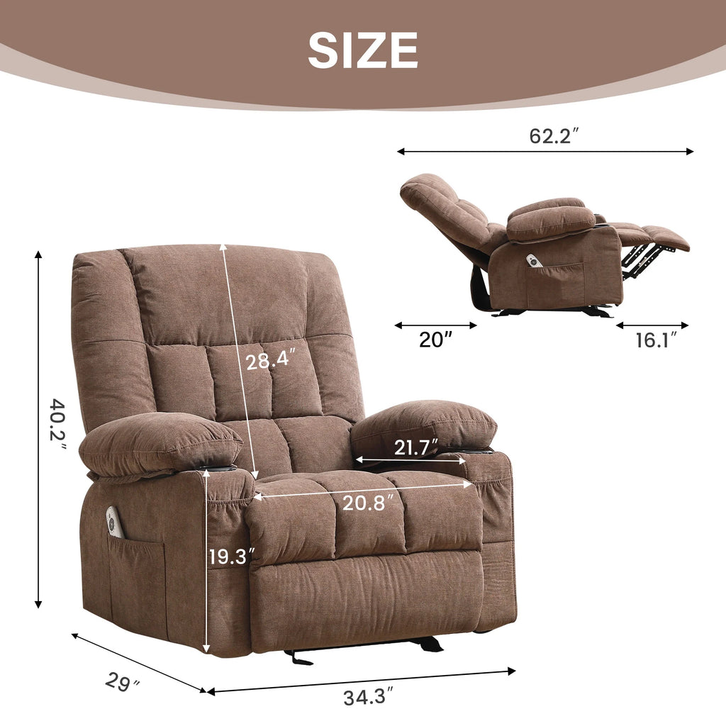 JONPONY Manual Recliner Chair with Heat Therapy and Massage Function, Heavy Duty Reclining Mechanism Massage Chair, Elderly Single Rocker Sofa with Cup Holders for Bedroom Home Theater,Blue