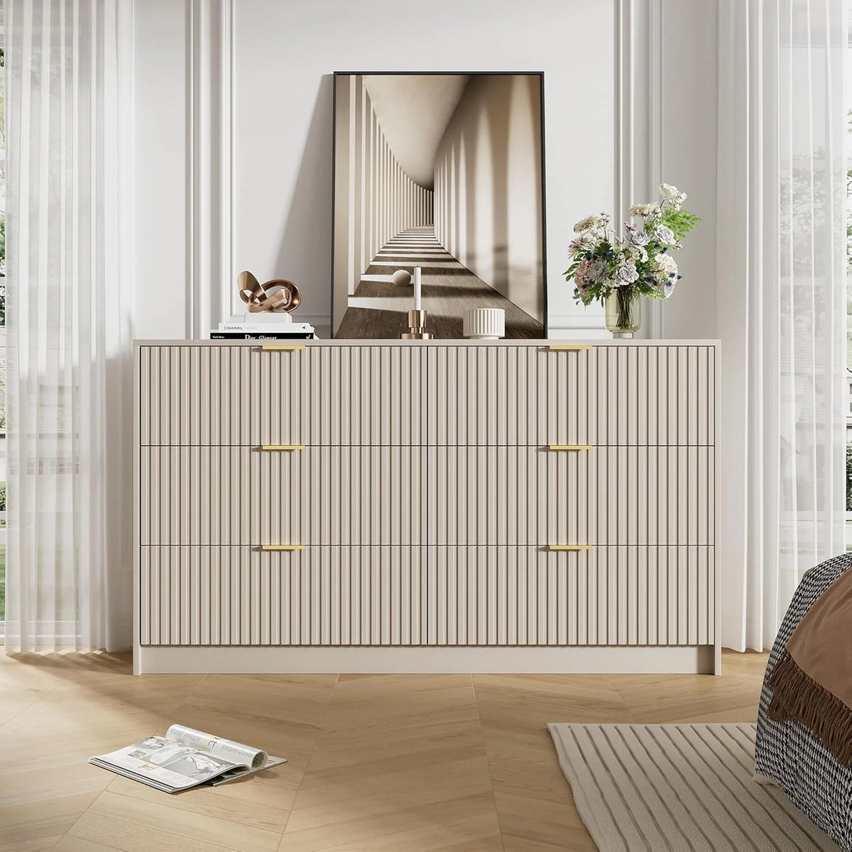 Furniway Black Dresser for Bedroom, 8 Drawer Double Dresser, Modern Chest of Drawers for Bedroom, Living Room, Entryway and Closet, 55" L x 15.7" D x 37.4" H