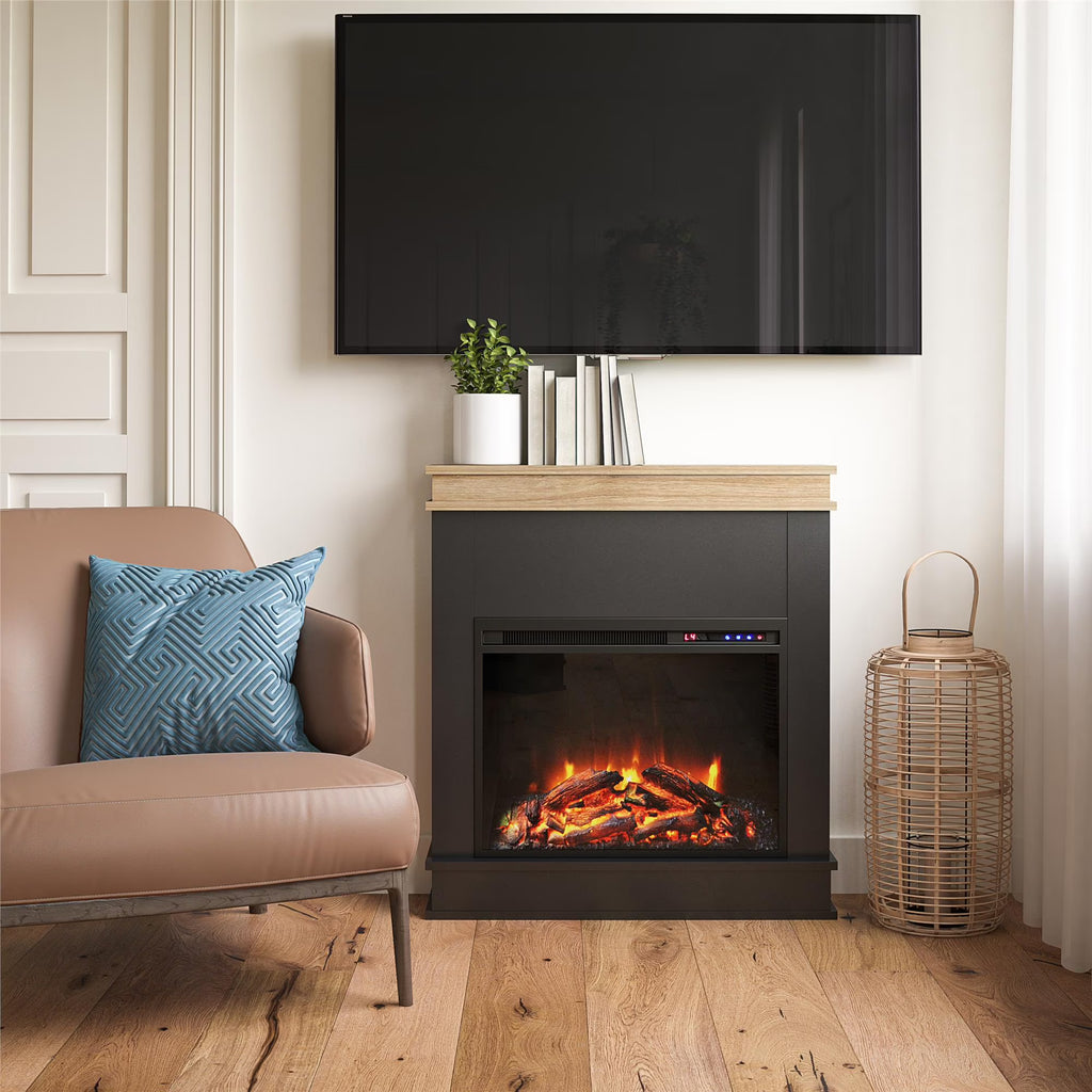 Mateo Electric Fireplace with Mantel and Touchscreen Display, Ivory Oak with Rustic Mantel