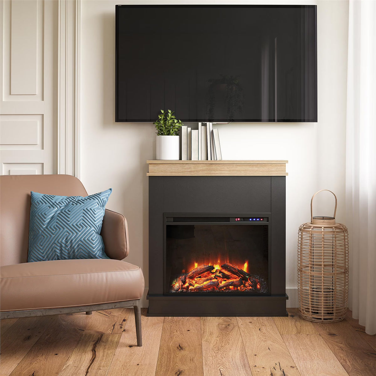 Mateo Electric Fireplace with Mantel and Touchscreen Display, Ivory Oak with Rustic Mantel