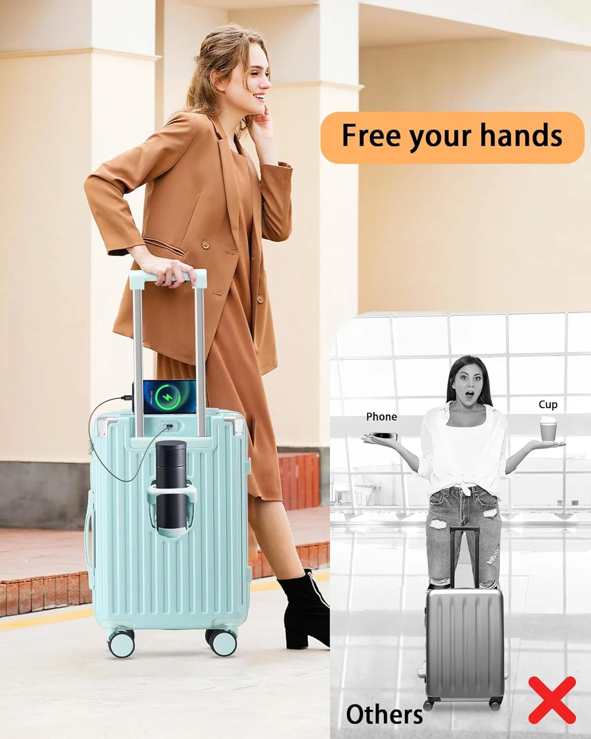 20 Inch Carry On Luggage With Cup Holder & USB Port, Airline Approved TSA-locked Luggage, Lightweight PC Material Travel Suitcase With 360 Spinner Wheel