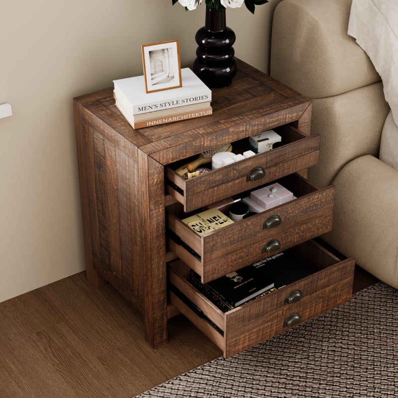 Rustic Farmhouse Style Three-Drawer Solid Pine Wood Nightstand  Set of 2,with Cup Pulls and Integrated Charge Station