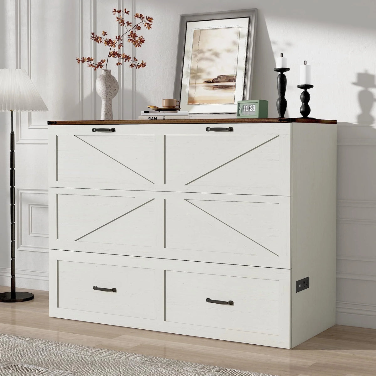 ANPOO Full Size Murphy Chest Bed with Drawer and Power Outlets, Farmhouse Wood Hidden Folding Bed Chest w/2 Storage Drawers, Multifunctional Storage Cabinet Bed for Bedroom,White