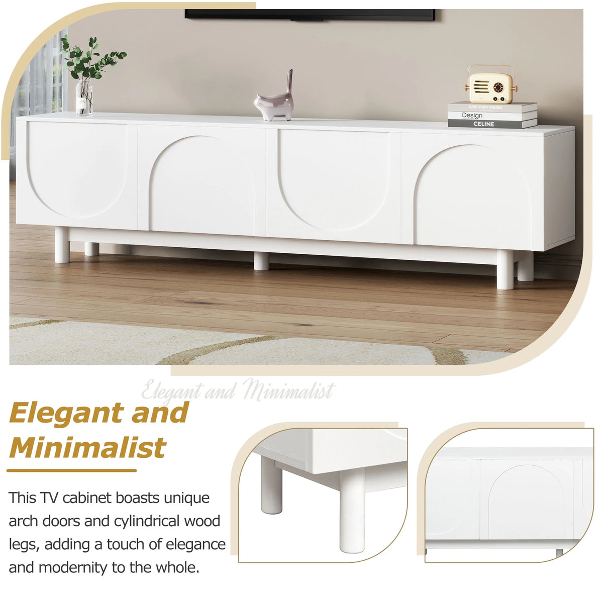 71" Graceful TV Stand with Arch Cabinets Minimalist Media Console for 78" TVs, White Entertainment Center with Solid Wood Legs & Adjustable Shelves