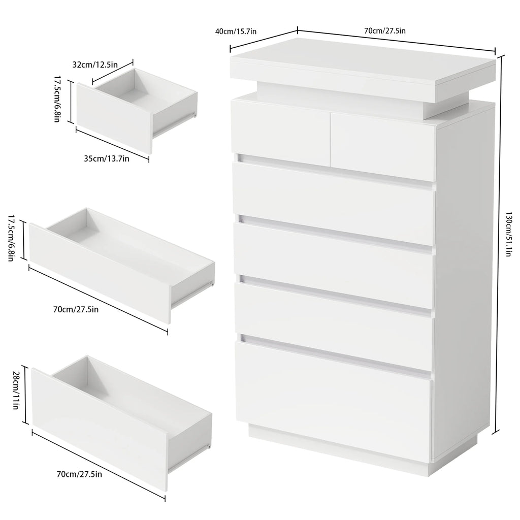 NEGYLIM 6 Drawer White Dresser, High Gloss Dresser with LED Light for Bedroom, Living Room, Hallway, Easy Assembly