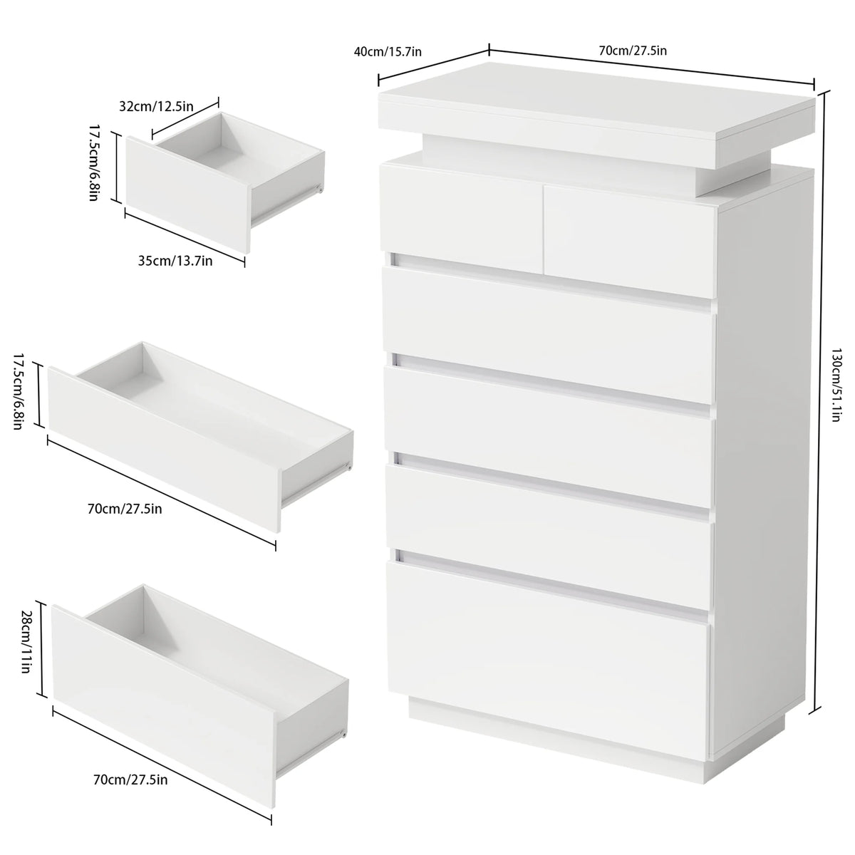 NEGYLIM 6 Drawer White Dresser, High Gloss Dresser with LED Light for Bedroom, Living Room, Hallway, Easy Assembly