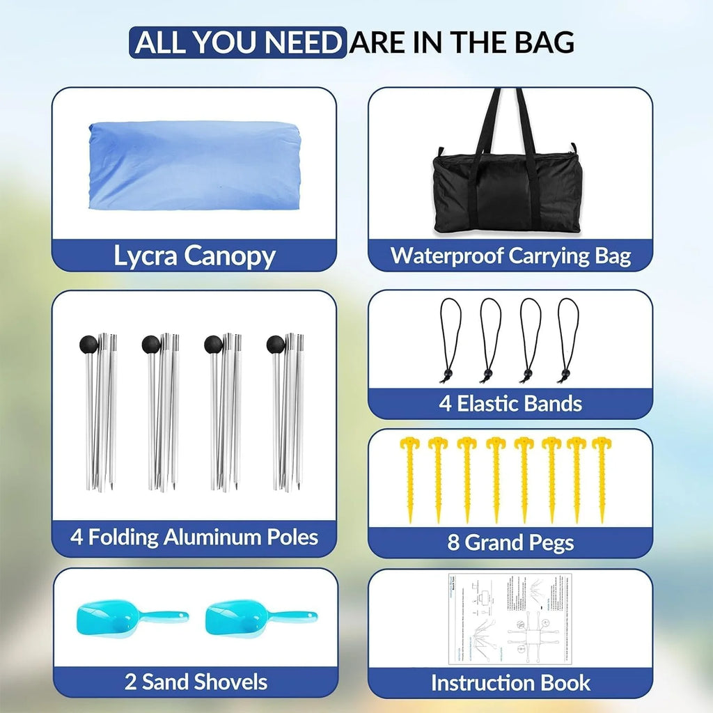 Beach Tent Canopy with 8 Sandbags 4 Aluminum Poles, Pop Up Portable Camping Sun Shelter, Easy Set Up with 2 Sand Shovel, Ground Pegs, Carrying Bag for Outdoor Beach,Picnic, Fishing