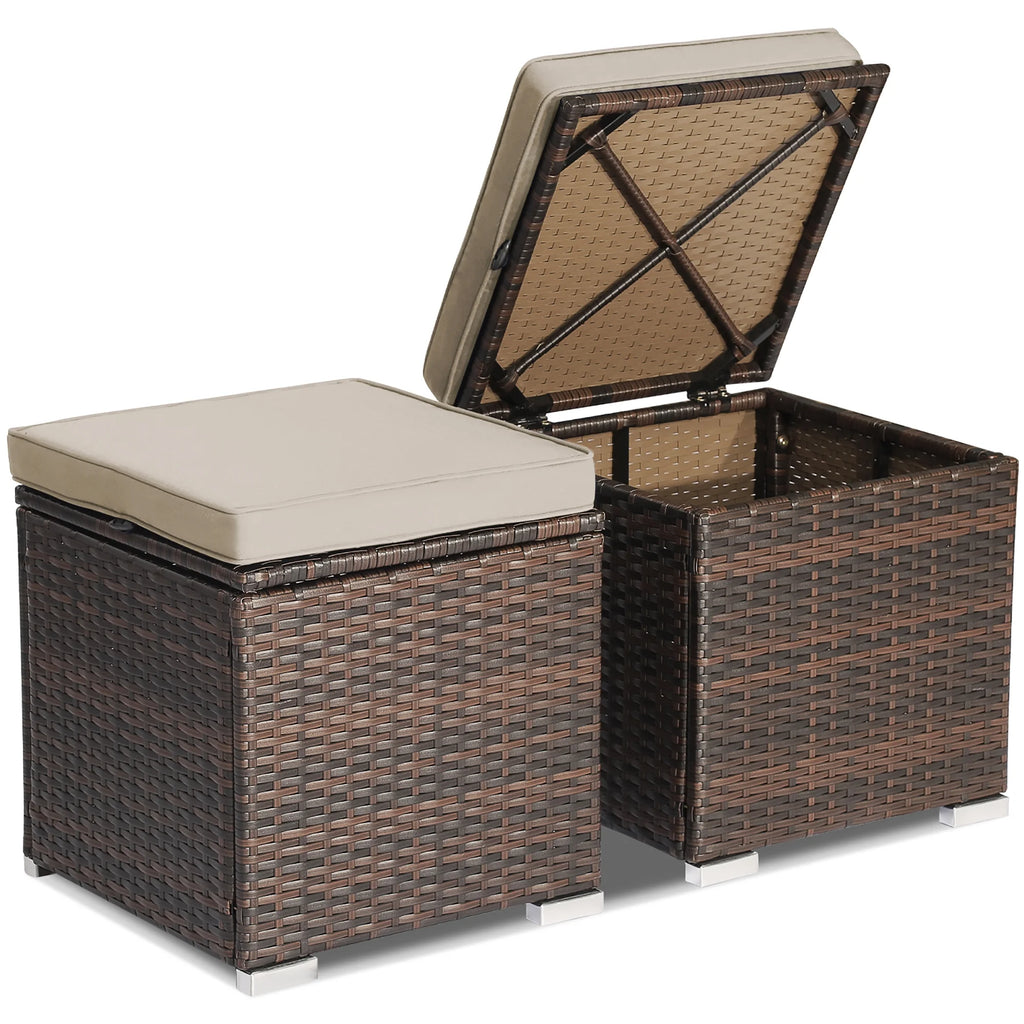 Costway 2PC Patio Rattan Ottoman Seat Side Table Storage Box Footrest Off White