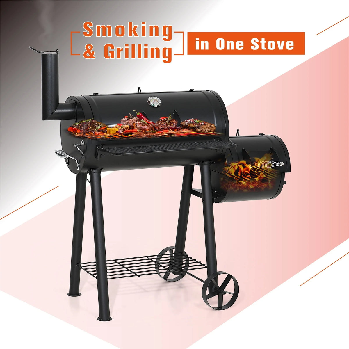 Summit Living 28'' BBQ Charcoal Grill with Offset Smoker for Backyard and Camping