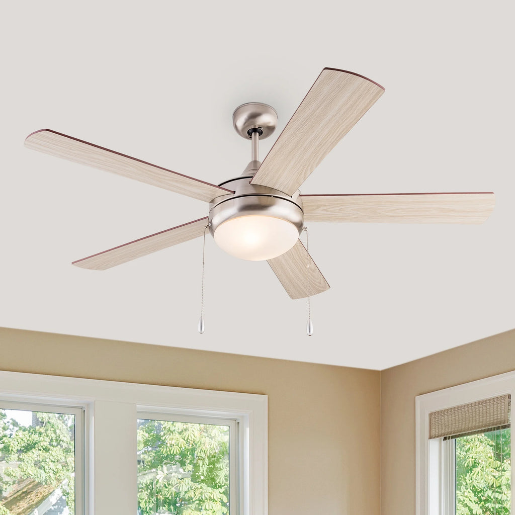 Simpol 52" Prominent Indoor Ceiling Fan with LED Light, Pull Chain and Remote Control, Reversible AC Motor, Walnut/Silver Reversible Blades and Satin Nickel Finish