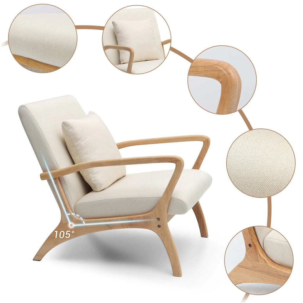 July's Song Mid-Century Modern Accent Chair,Living Room Linen Read Arm Chairs with Cushion,Wood Frame Armchair for Bedroom,Beige