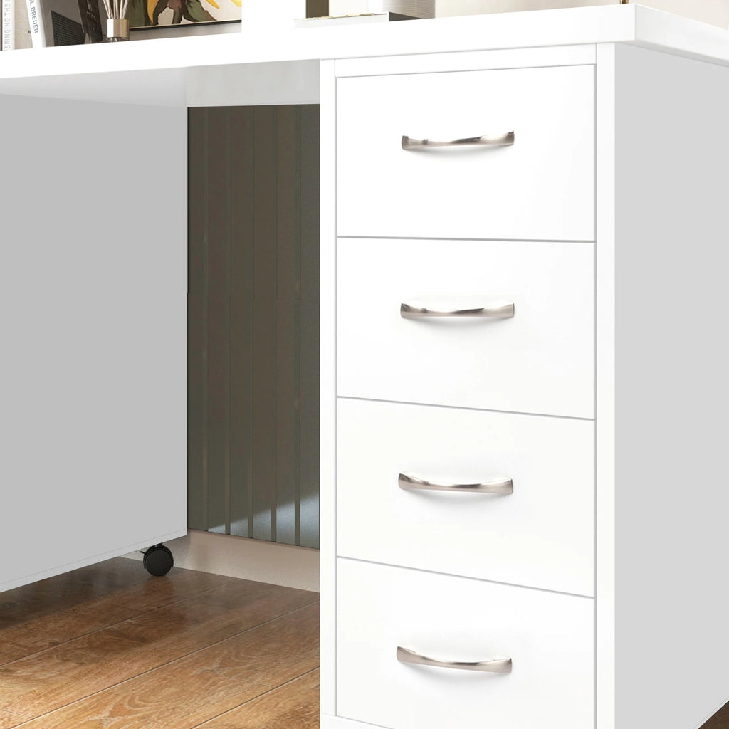 Sesslife White Computer Desk, Writing Desk with Lockable Wheels Modern Wood Study Desk with 4 Drawers for Home Office Workstation
