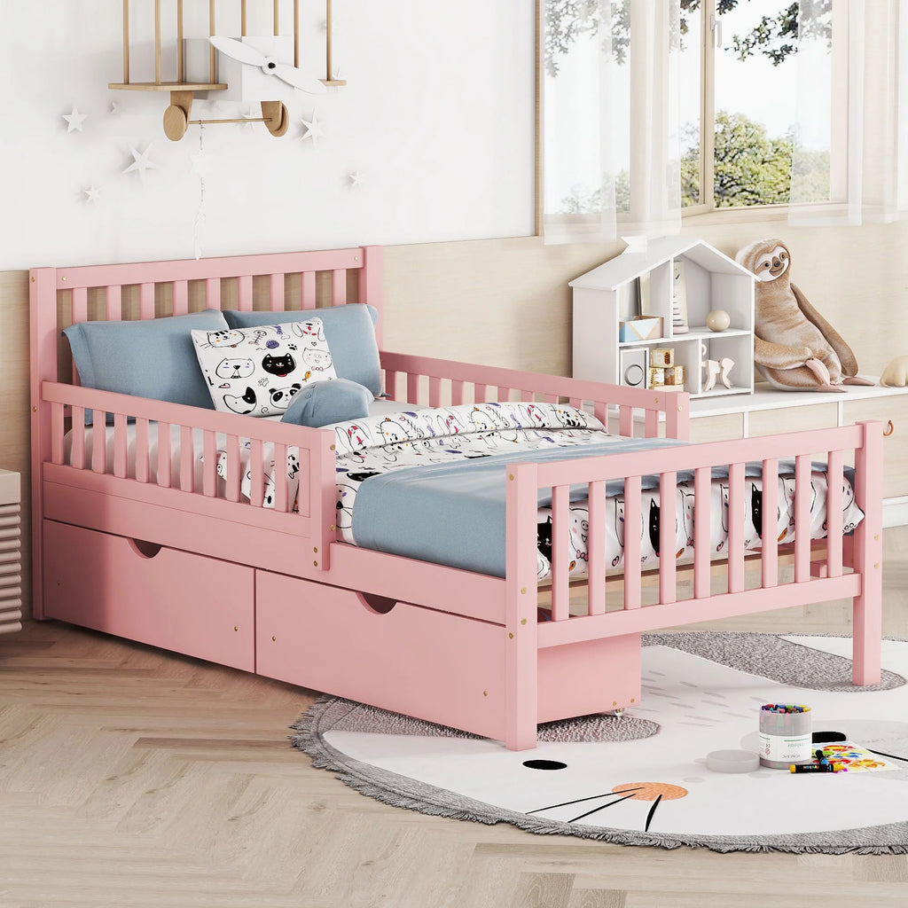 Bellemave Twin Bed with Storage Drawers and Fence Rails, Wood Platform Beds Frame with Headboard, Twin Size Storage Bed for Kids Boys Girls Teens White)