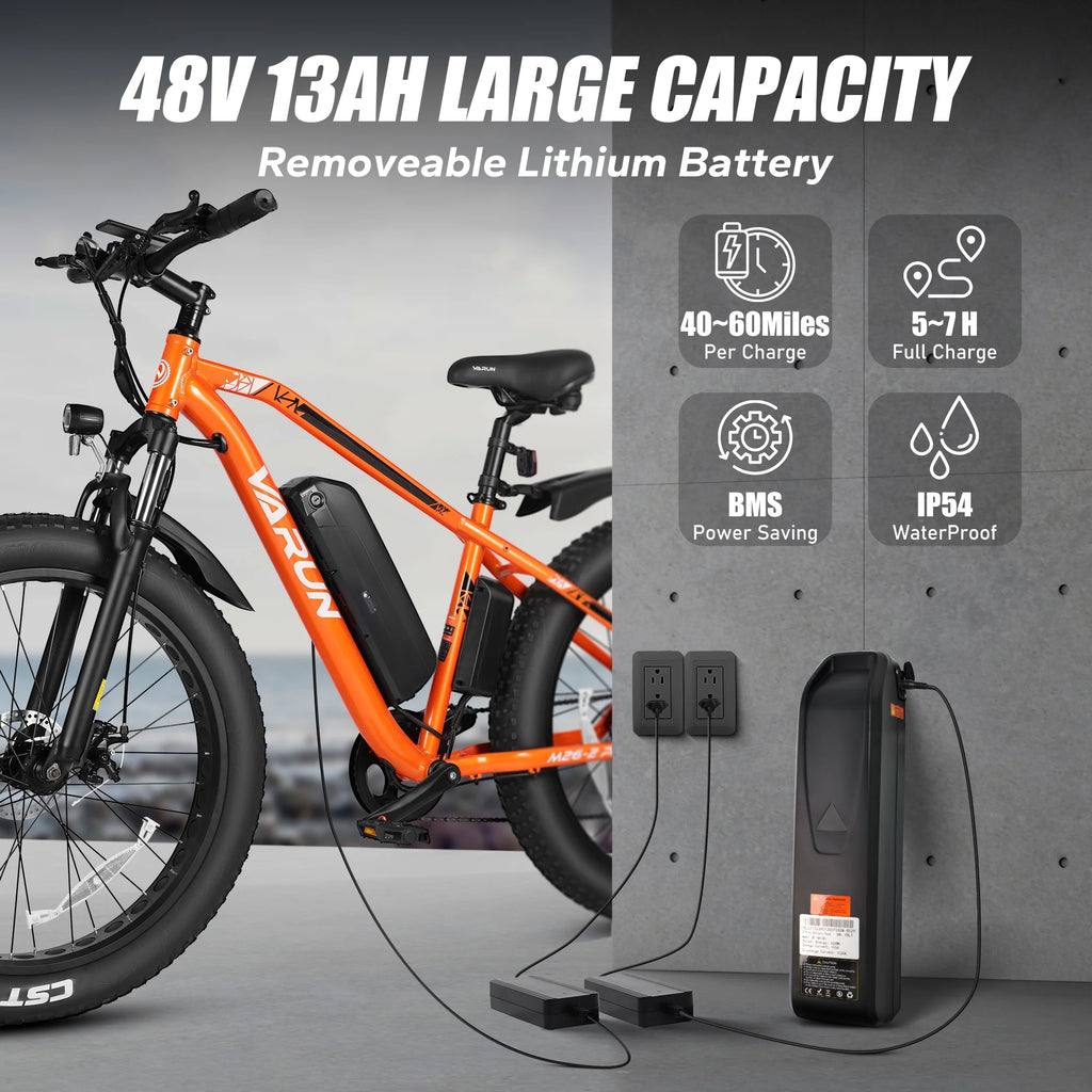VARUN Electric Bike for Adults, 26" Fat Tire Ebike with Peak 750W 48V 13AH Battery, Electric Mountain Bicycle for Men & Women with 25MPH 50Miles