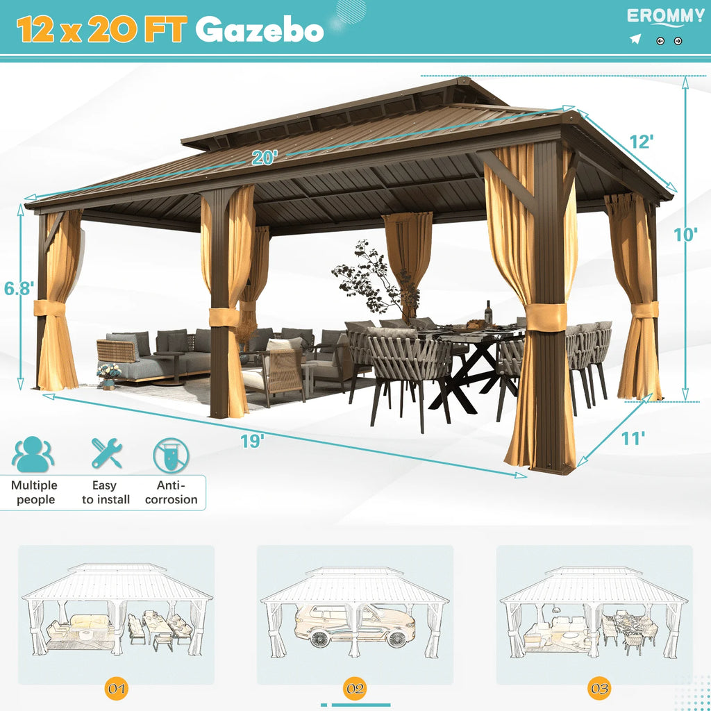 EROMMY 10'x12' Hardtop Gazebo with Galvanized Steel Double Roof & Aluminum Frame