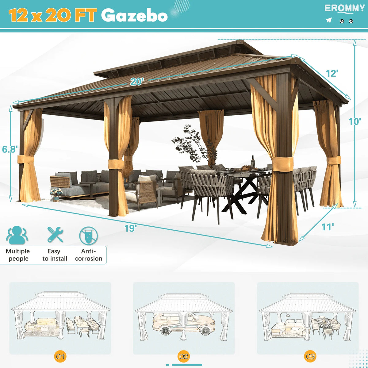 EROMMY 10'x12' Hardtop Gazebo with Galvanized Steel Double Roof & Aluminum Frame
