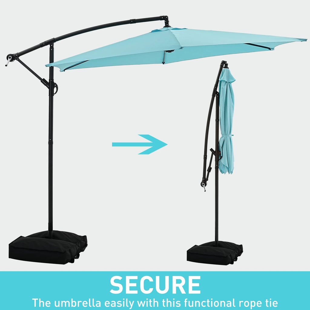 Ainfox 10ft Cantilever Patio Umbrella with Lights, Offset Market Umbrella with Sandbags Weighted Base and Cross Base,Khaki