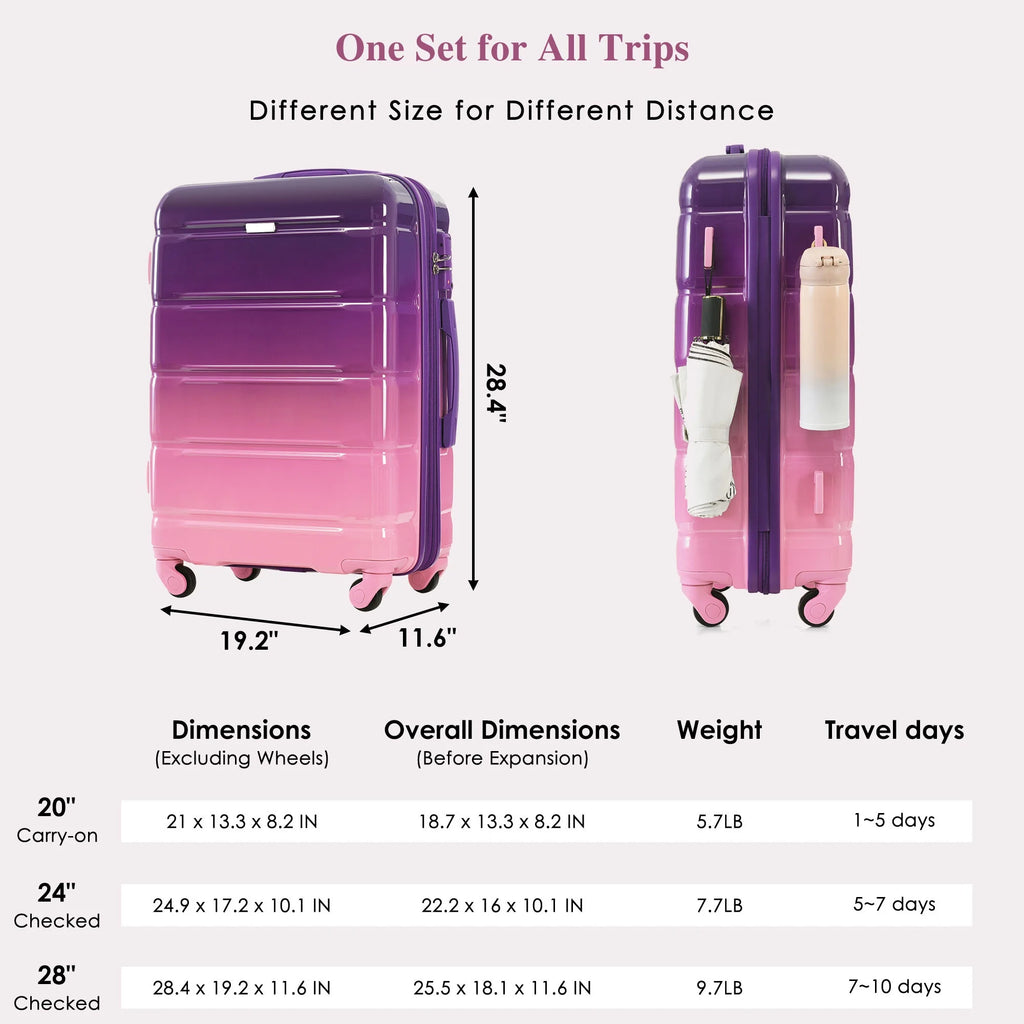 PAPROOS 3-Piece Luggage Set (20''/24''/28''), Hardshell Lightweight Suitcase with USB Port and Side Hooks, Travel Luggage with TSA-Lock, Hardside Rolling Luggage for School, Travel, Pink
