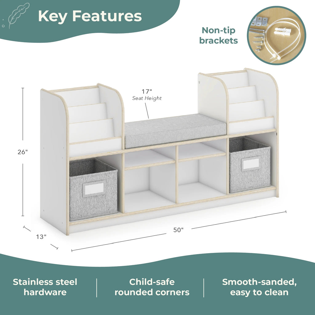 Guidecraft EdQ Reading Nook - Natural: Children's Wooden Bedroom Reading Bench, Kids' Bookshelf, Toy Cubby Organizer and Cube Storage