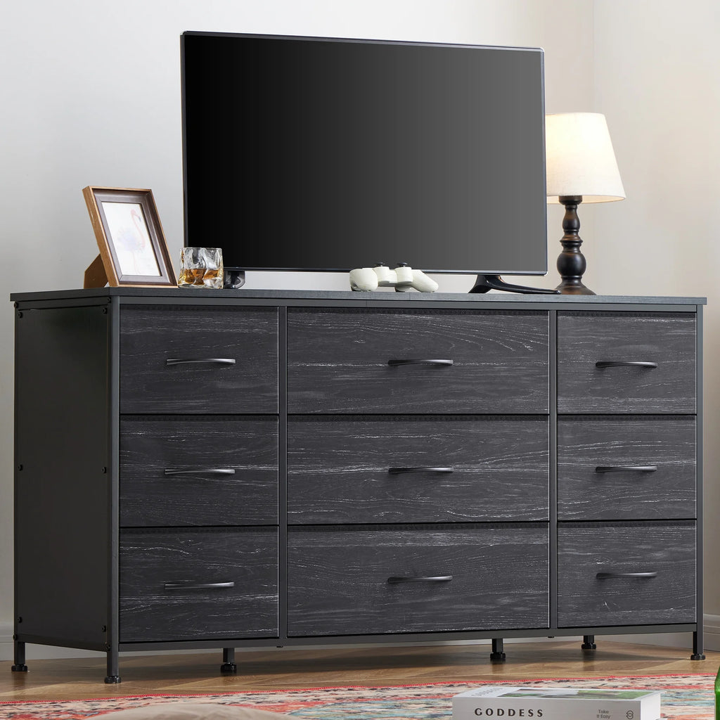 Wide Dresser TV Stand with 9 Drawers Dresser for Bedroom Chests of Drawers for Living Room, Black