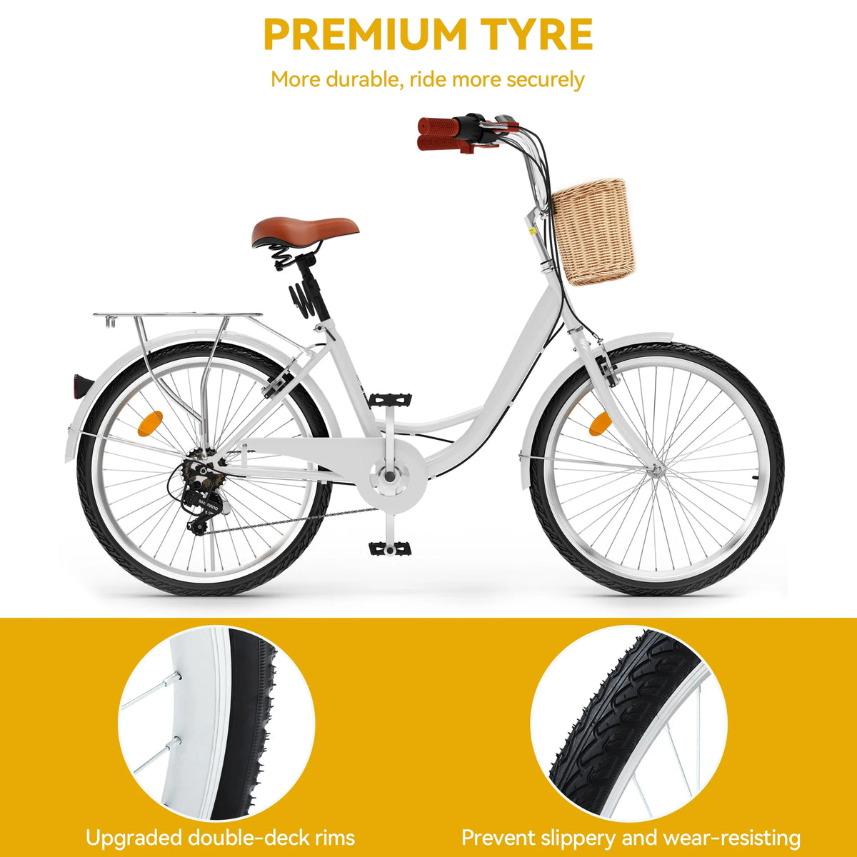 Dextrus 26 Inch Beach Cruiser Bike for Women - 7 Speed Commute Bike for Adults - Womens Bicycle with Adjustable Seat in White