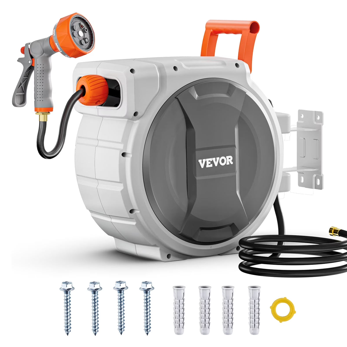 VEVOR Retractable Garden Hose Reel, 5/8 Inch x 100 ft Wall Mounted Hose Reel, Heavy Duty Garden Hose Reel with 9 Patterns Nozzle, Any Length Lock, Upgraded Slow Return System and 180 Swivel Bracket